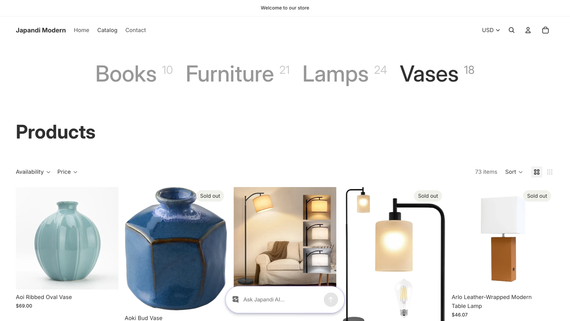 Japandi Modern Shopify store homepage showing minimalist ceramic vases and light-wood furniture on a soft neutral background.