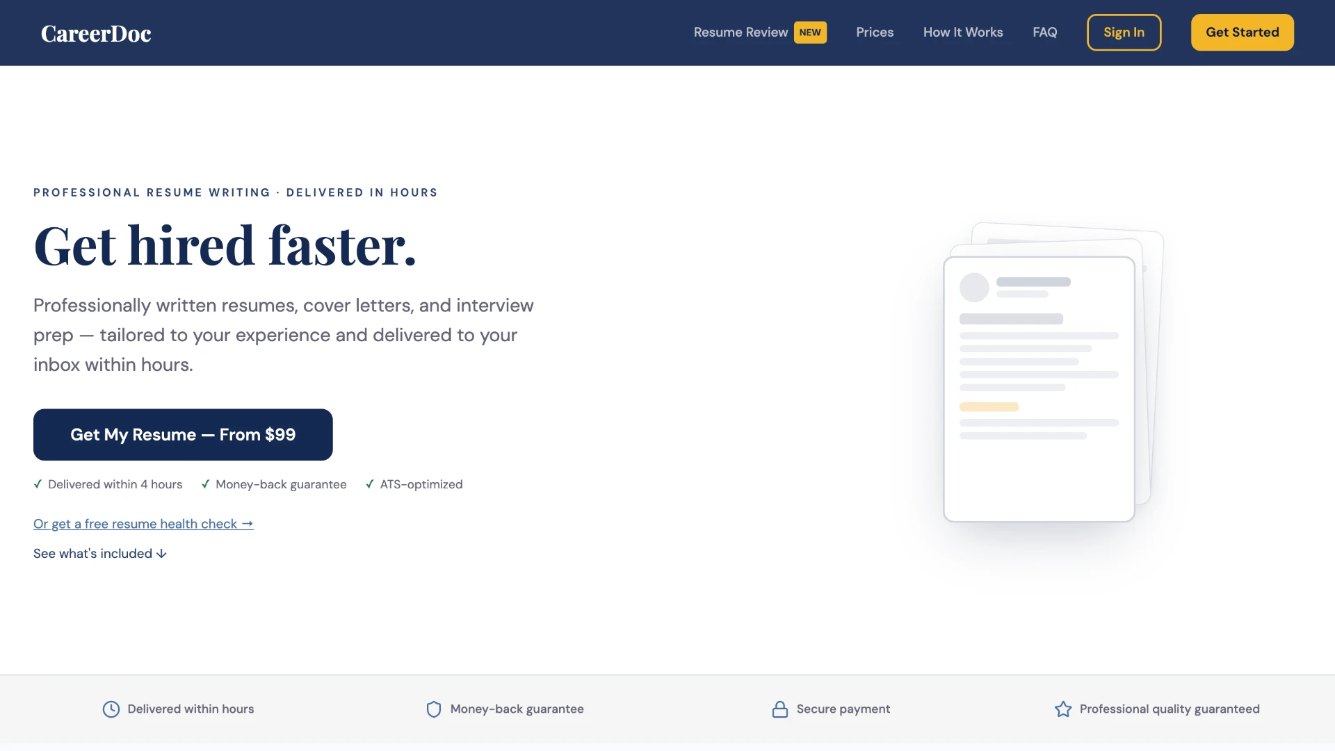 CareerDoc website hero section with the headline "Get hired faster" and a call-to-action to build an AI-written CV.